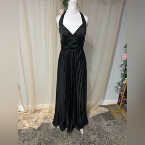 Black Satin Halter Pleated Maxi Dress w/ Corset Back – Size 4 | NWT
